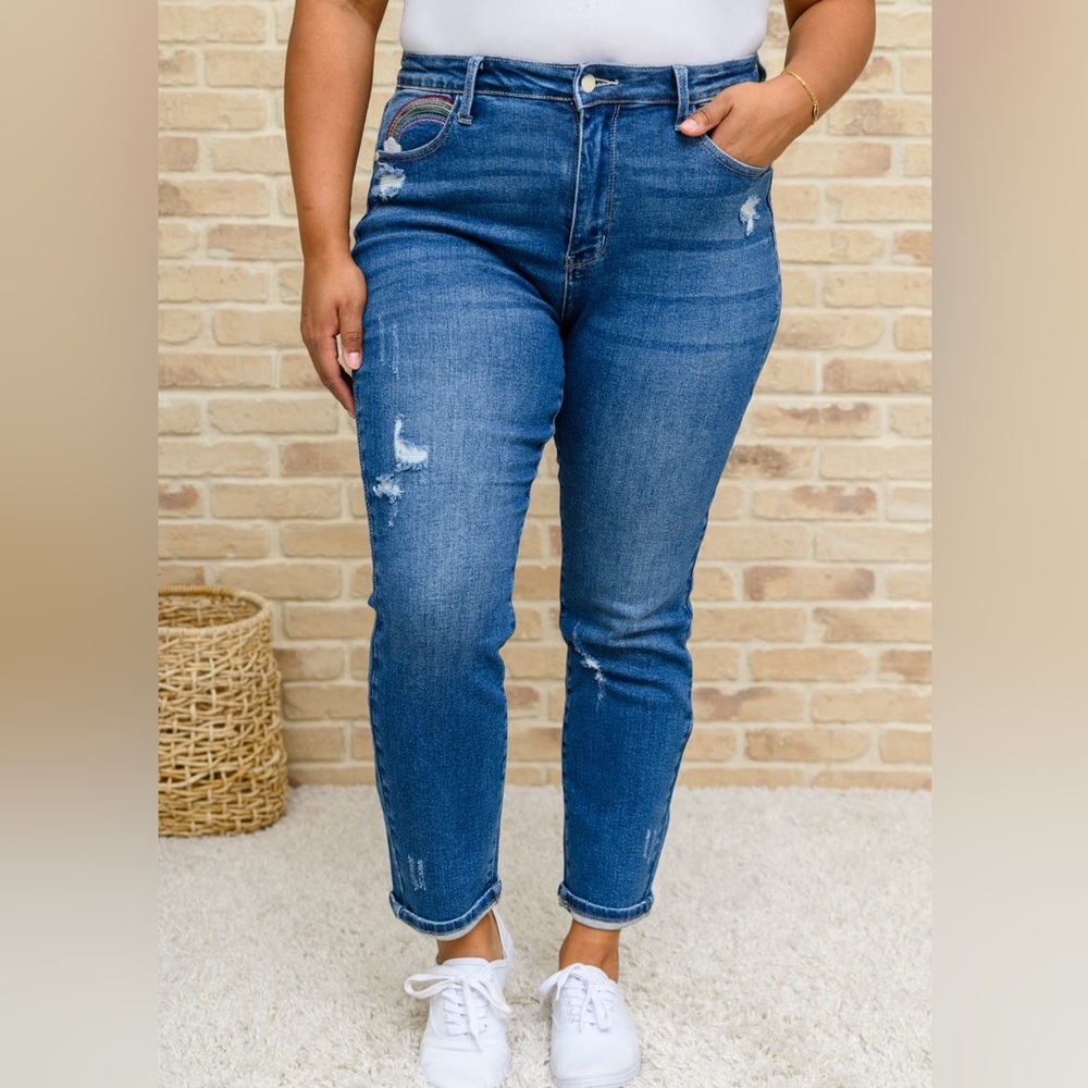 Judy Blue High Rise Rainbow Embroidered Straight Leg Distressed Jeans Womens 18W